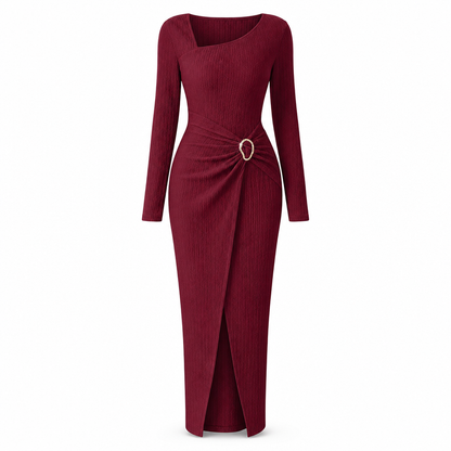 👗Ruched Slimming, Elegant Silhouette✨ Women's Ribbed Knit Long Dress – Asymmetric Neckline & Metal Ring | Naturally Flattering, Upscale Appeal ✨