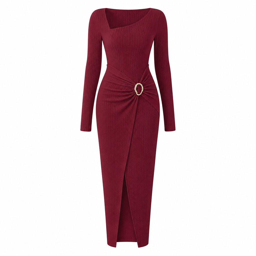 👗Ruched Slimming, Elegant Silhouette✨ Women's Ribbed Knit Long Dress – Asymmetric Neckline & Metal Ring | Naturally Flattering, Upscale Appeal ✨