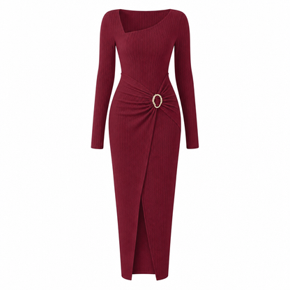 👗Ruched Slimming, Elegant Silhouette✨ Women's Ribbed Knit Long Dress – Asymmetric Neckline & Metal Ring | Naturally Flattering, Upscale Appeal ✨