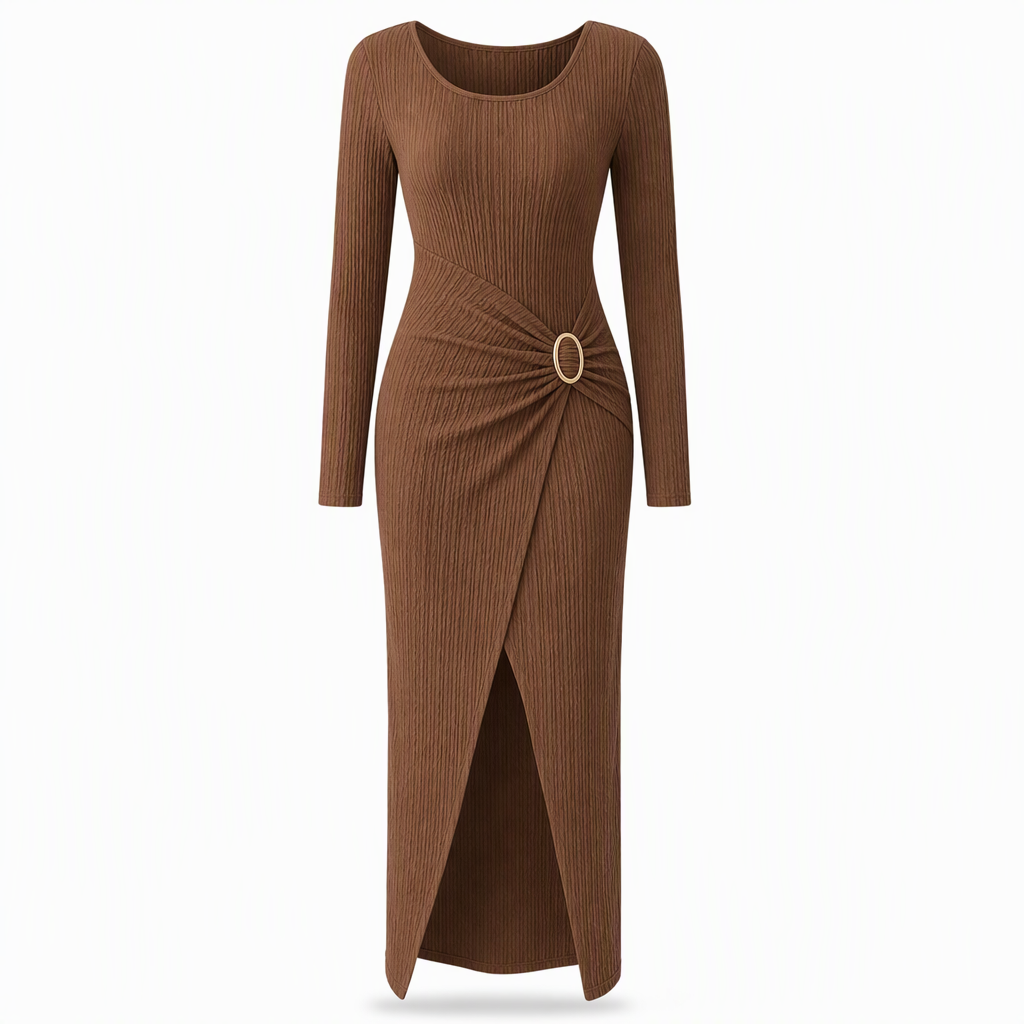 👗Ruched Slimming, Elegant Silhouette✨ Women's Ribbed Knit Long Dress – Asymmetric Neckline & Metal Ring | Naturally Flattering, Upscale Appeal ✨