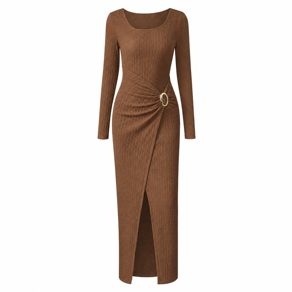 👗Ruched Slimming, Elegant Silhouette✨ Women's Ribbed Knit Long Dress – Asymmetric Neckline & Metal Ring | Naturally Flattering, Upscale Appeal ✨