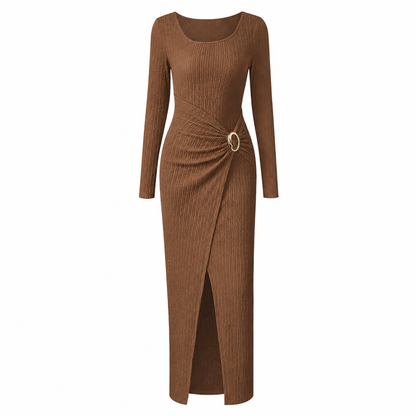 👗Ruched Slimming, Elegant Silhouette✨ Women's Ribbed Knit Long Dress – Asymmetric Neckline & Metal Ring | Naturally Flattering, Upscale Appeal ✨