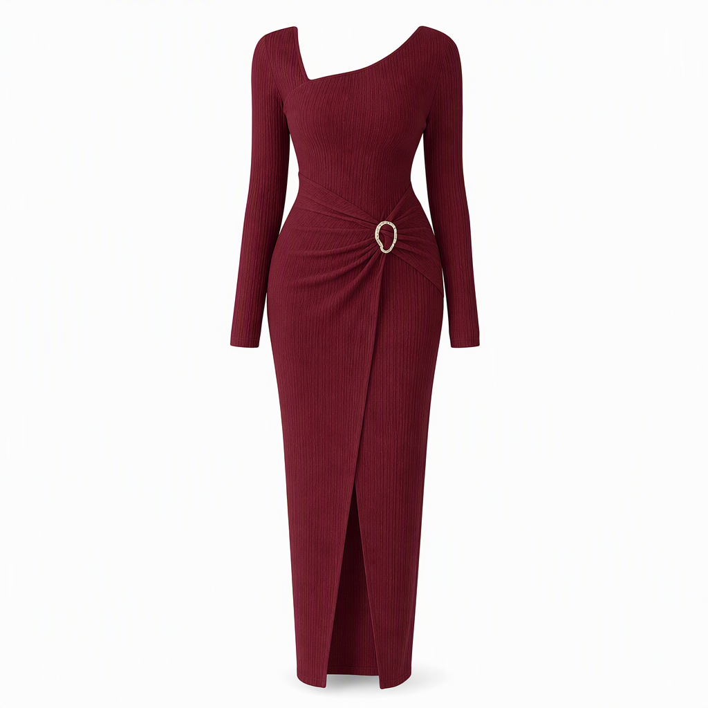 👗Ruched Slimming, Elegant Silhouette✨ Women's Ribbed Knit Long Dress – Asymmetric Neckline & Metal Ring | Naturally Flattering, Upscale Appeal ✨