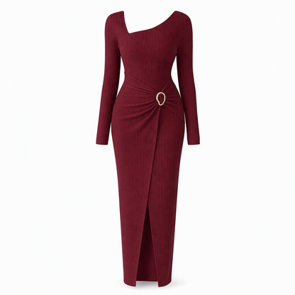 👗Ruched Slimming, Elegant Silhouette✨ Women's Ribbed Knit Long Dress – Asymmetric Neckline & Metal Ring | Naturally Flattering, Upscale Appeal ✨