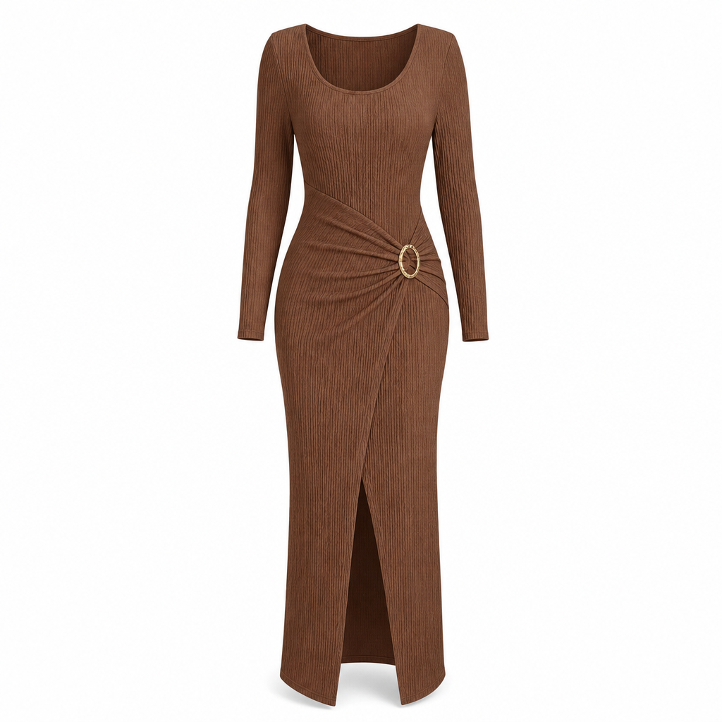 👗Ruched Slimming, Elegant Silhouette✨ Women's Ribbed Knit Long Dress – Asymmetric Neckline & Metal Ring | Naturally Flattering, Upscale Appeal ✨