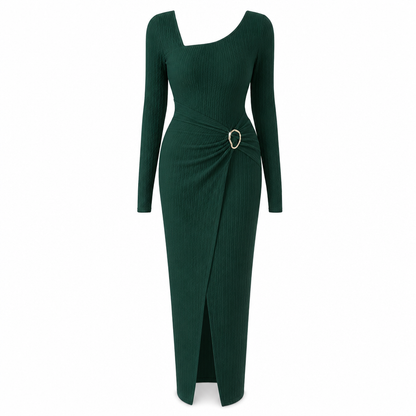 👗Ruched Slimming, Elegant Silhouette✨ Women's Ribbed Knit Long Dress – Asymmetric Neckline & Metal Ring | Naturally Flattering, Upscale Appeal ✨