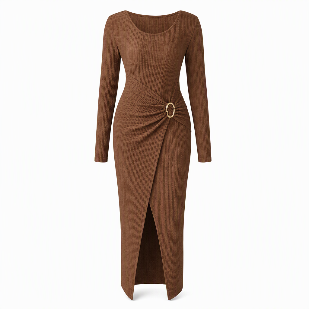 👗Ruched Slimming, Elegant Silhouette✨ Women's Ribbed Knit Long Dress – Asymmetric Neckline & Metal Ring | Naturally Flattering, Upscale Appeal ✨