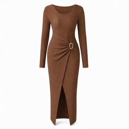 👗Ruched Slimming, Elegant Silhouette✨ Women's Ribbed Knit Long Dress – Asymmetric Neckline & Metal Ring | Naturally Flattering, Upscale Appeal ✨