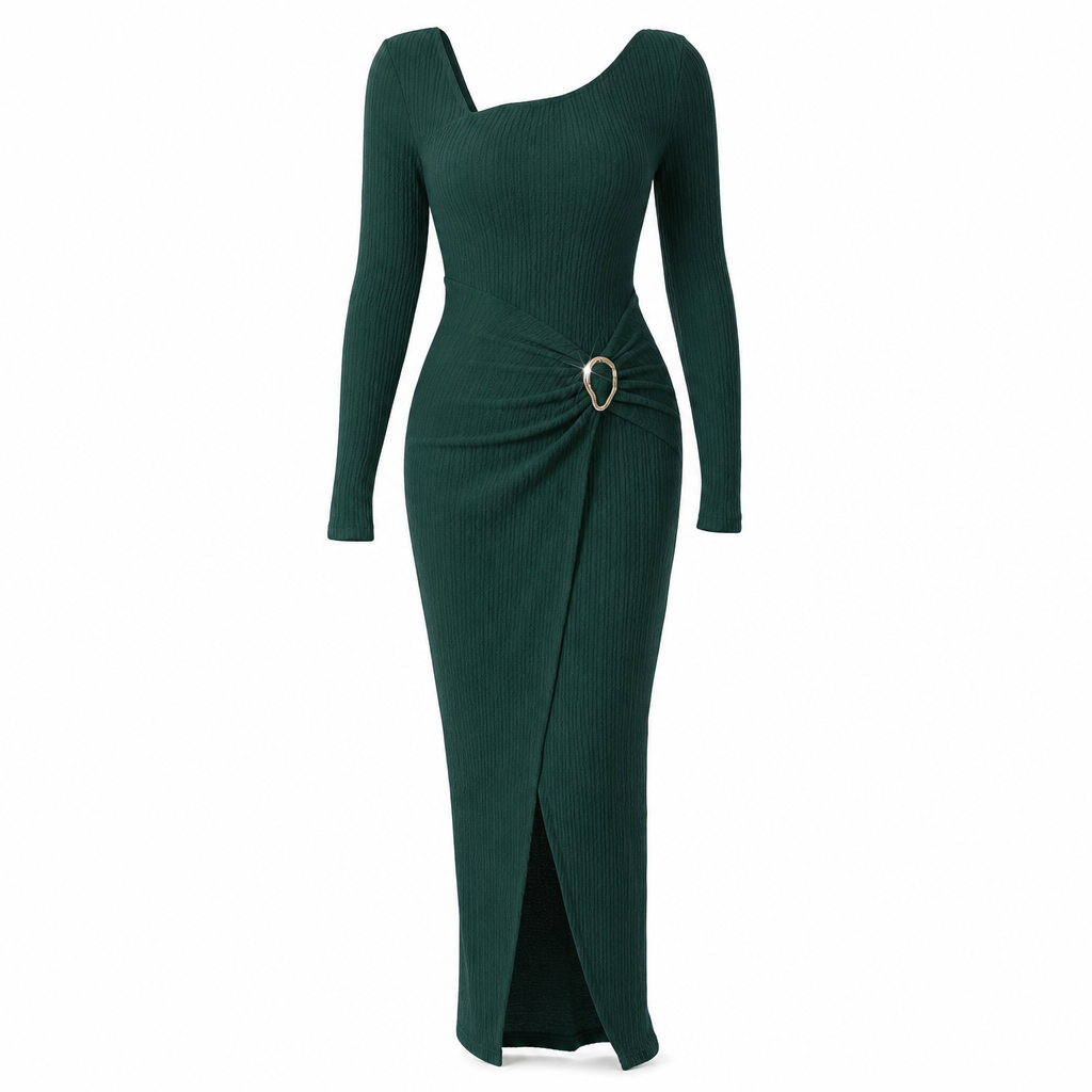 👗Ruched Slimming, Elegant Silhouette✨ Women's Ribbed Knit Long Dress – Asymmetric Neckline & Metal Ring | Naturally Flattering, Upscale Appeal ✨
