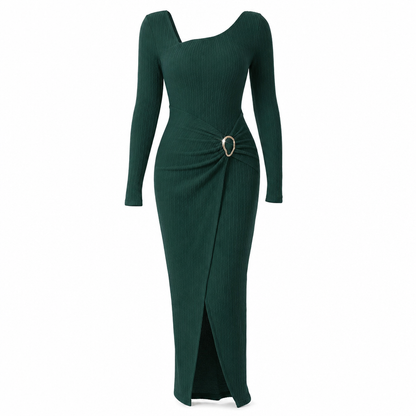 👗Ruched Slimming, Elegant Silhouette✨ Women's Ribbed Knit Long Dress – Asymmetric Neckline & Metal Ring | Naturally Flattering, Upscale Appeal ✨
