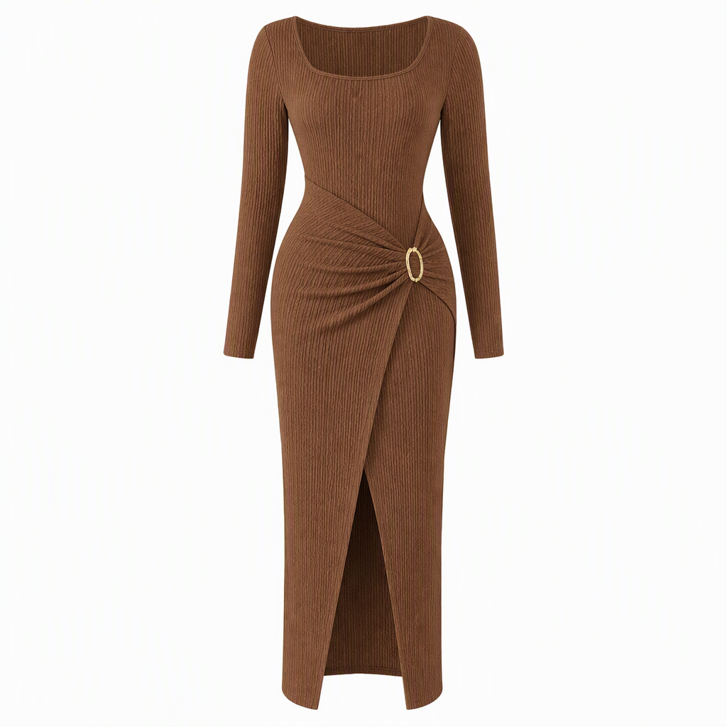 👗Ruched Slimming, Elegant Silhouette✨ Women's Ribbed Knit Long Dress – Asymmetric Neckline & Metal Ring | Naturally Flattering, Upscale Appeal ✨