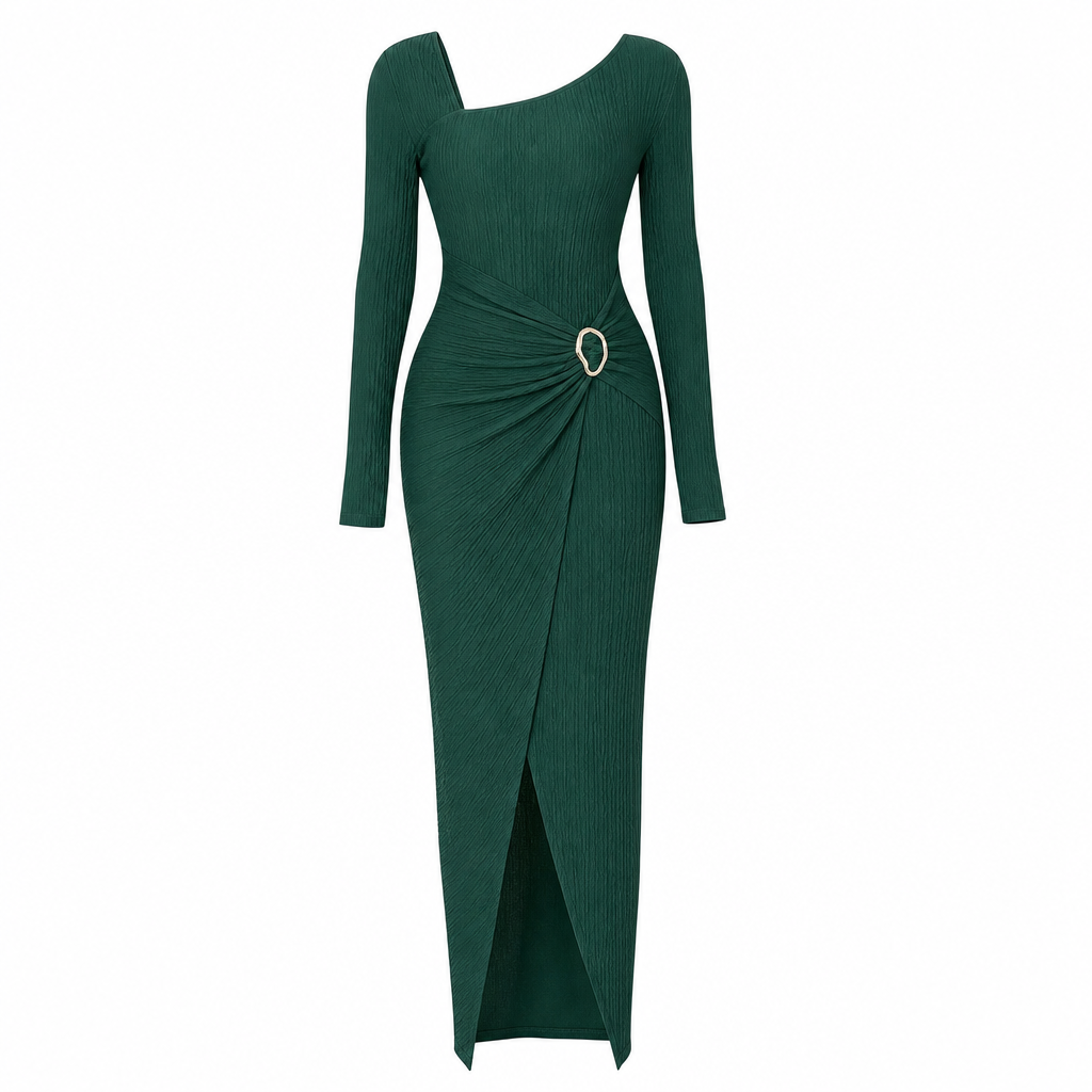 👗Ruched Slimming, Elegant Silhouette✨ Women's Ribbed Knit Long Dress – Asymmetric Neckline & Metal Ring | Naturally Flattering, Upscale Appeal ✨