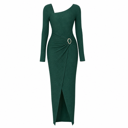 👗Ruched Slimming, Elegant Silhouette✨ Women's Ribbed Knit Long Dress – Asymmetric Neckline & Metal Ring | Naturally Flattering, Upscale Appeal ✨