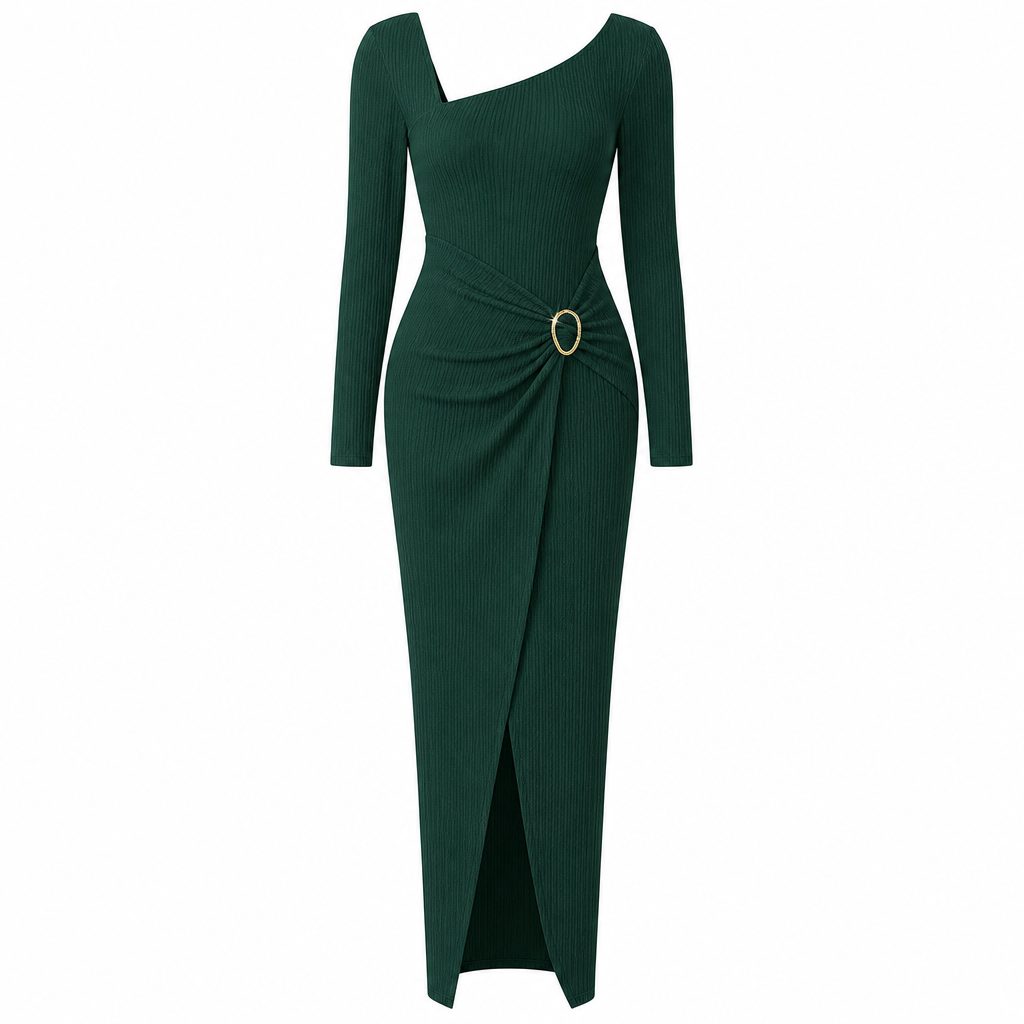 👗Ruched Slimming, Elegant Silhouette✨ Women's Ribbed Knit Long Dress – Asymmetric Neckline & Metal Ring | Naturally Flattering, Upscale Appeal ✨