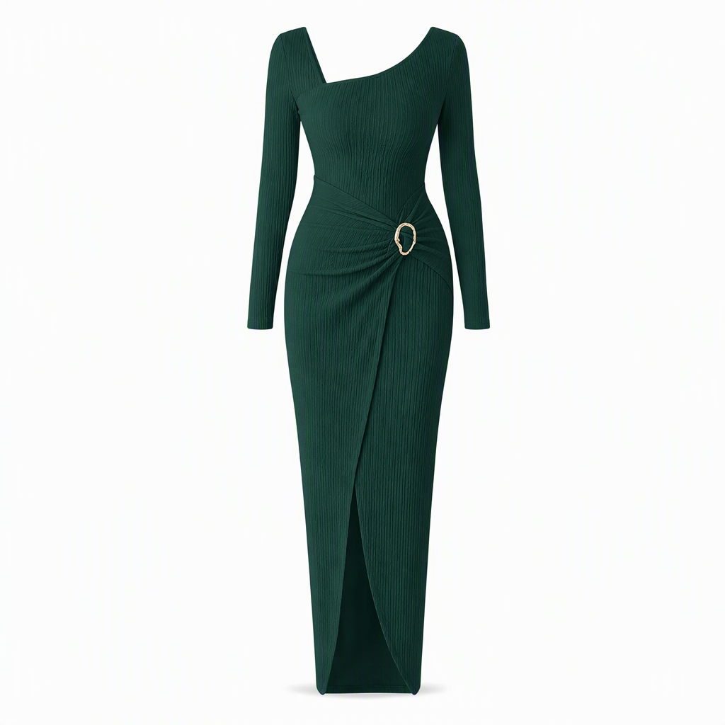 👗Ruched Slimming, Elegant Silhouette✨ Women's Ribbed Knit Long Dress – Asymmetric Neckline & Metal Ring | Naturally Flattering, Upscale Appeal ✨