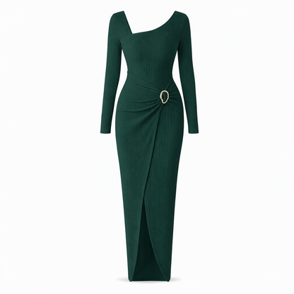 👗Ruched Slimming, Elegant Silhouette✨ Women's Ribbed Knit Long Dress – Asymmetric Neckline & Metal Ring | Naturally Flattering, Upscale Appeal ✨