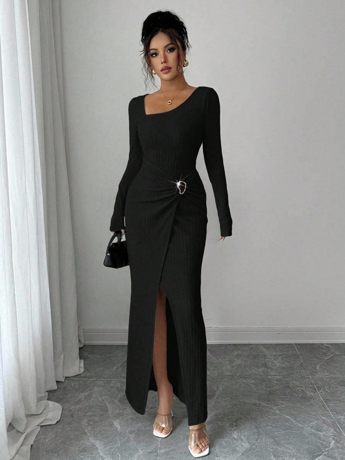 👗Ruched Slimming, Elegant Silhouette✨ Women's Ribbed Knit Long Dress – Asymmetric Neckline & Metal Ring | Naturally Flattering, Upscale Appeal ✨