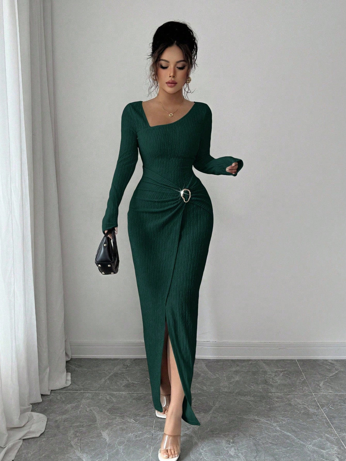 👗Ruched Slimming, Elegant Silhouette✨ Women's Ribbed Knit Long Dress – Asymmetric Neckline & Metal Ring | Naturally Flattering, Upscale Appeal ✨