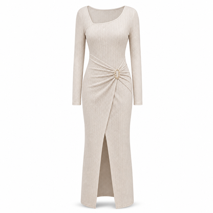👗Ruched Slimming, Elegant Silhouette✨ Women's Ribbed Knit Long Dress – Asymmetric Neckline & Metal Ring | Naturally Flattering, Upscale Appeal ✨