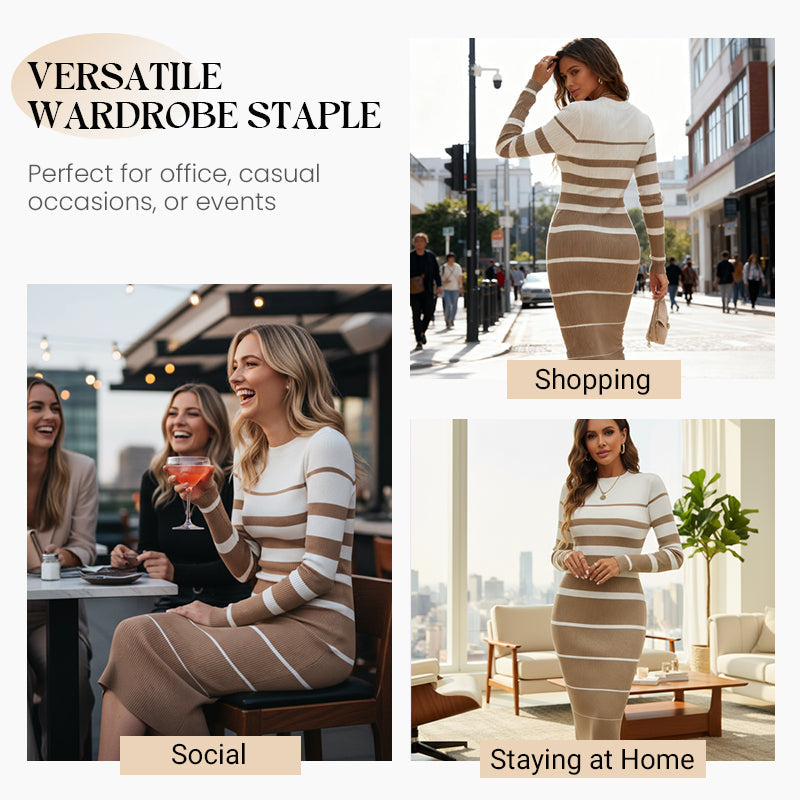 💃Bodycon Fit, Confident Curves🧶 Women's Striped Knit Dress – Hugs Your Silhouette, Flattering & Polished ✨
