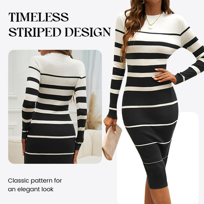 💃Bodycon Fit, Confident Curves🧶 Women's Striped Knit Dress – Hugs Your Silhouette, Flattering & Polished ✨