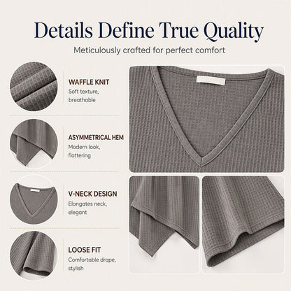 🧇Loose Waffle Knit, Cozy & Relaxed👚 Women's V-Neck Waffle Knit Top – Loose Fit & Soft Skin-Friendly ✨