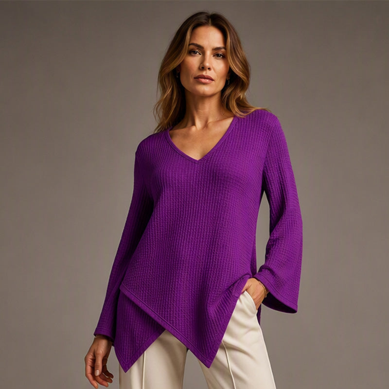 🧇Loose Waffle Knit, Cozy & Relaxed👚 Women's V-Neck Waffle Knit Top – Loose Fit & Soft Skin-Friendly ✨