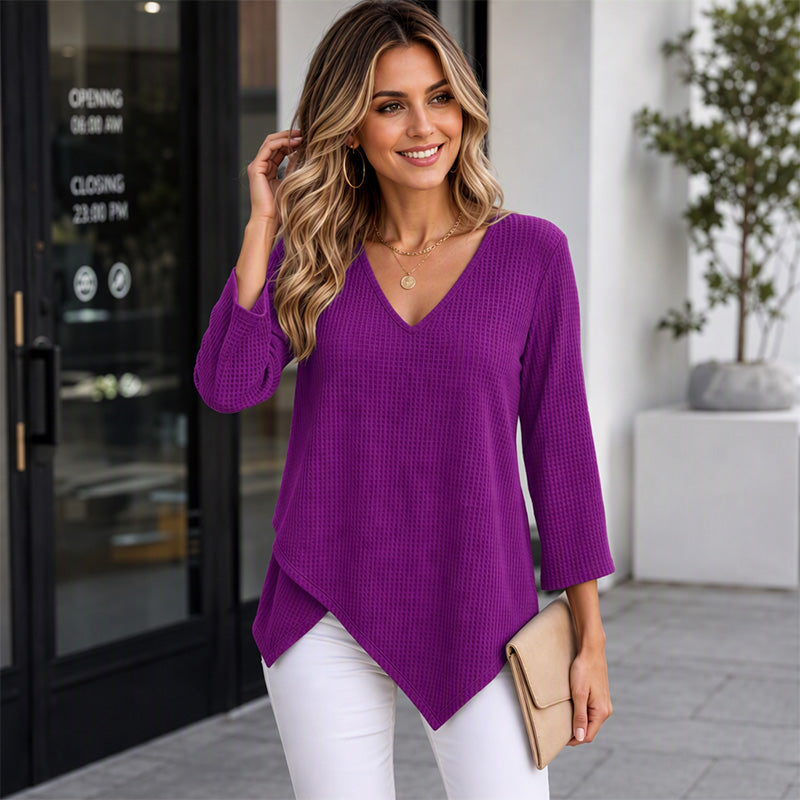 🧇Loose Waffle Knit, Cozy & Relaxed👚 Women's V-Neck Waffle Knit Top – Loose Fit & Soft Skin-Friendly ✨