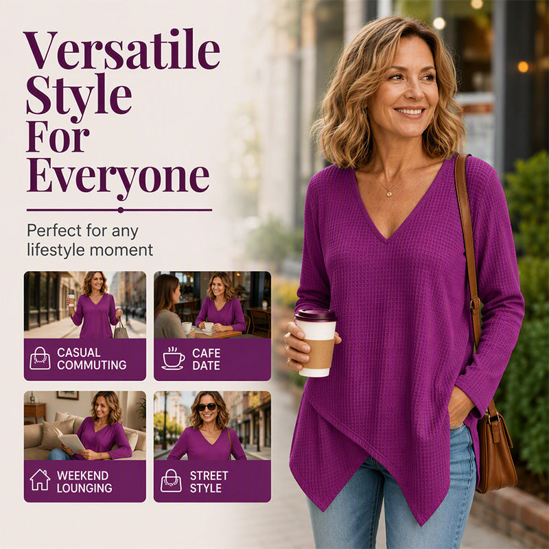🧇Loose Waffle Knit, Cozy & Relaxed👚 Women's V-Neck Waffle Knit Top – Loose Fit & Soft Skin-Friendly ✨