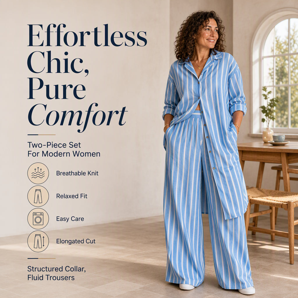 👖 Women's Striped Longline Shirt & Wide-Leg Pants Set – Effortless Style in One Set ✨