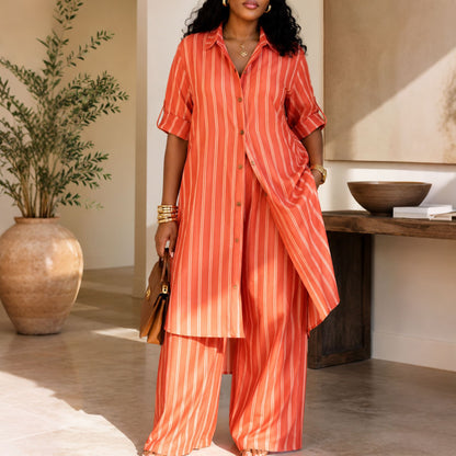 👖 Women's Striped Longline Shirt & Wide-Leg Pants Set – Effortless Style in One Set ✨