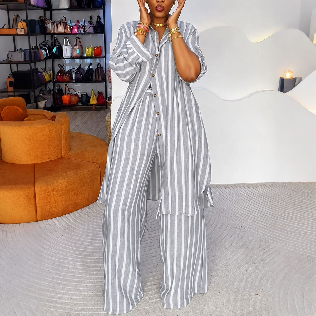 👖 Women's Striped Longline Shirt & Wide-Leg Pants Set – Effortless Style in One Set ✨