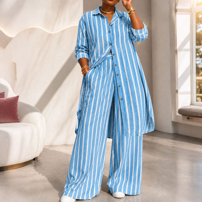👖 Women's Striped Longline Shirt & Wide-Leg Pants Set – Effortless Style in One Set ✨