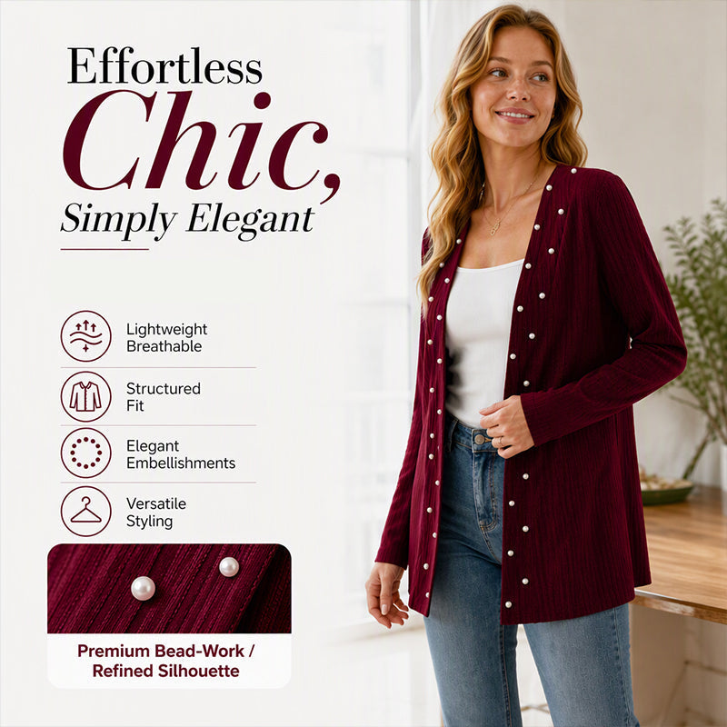 ☁️Cozy Knit, Versatile Cardigan🧶 Women's Pearl Beaded Knit Cardigan – Soft & Skin-Friendly, Open-Front Design ✨