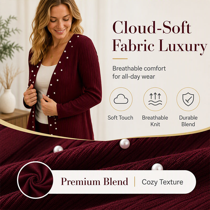 ☁️Cozy Knit, Versatile Cardigan🧶 Women's Pearl Beaded Knit Cardigan – Soft & Skin-Friendly, Open-Front Design ✨