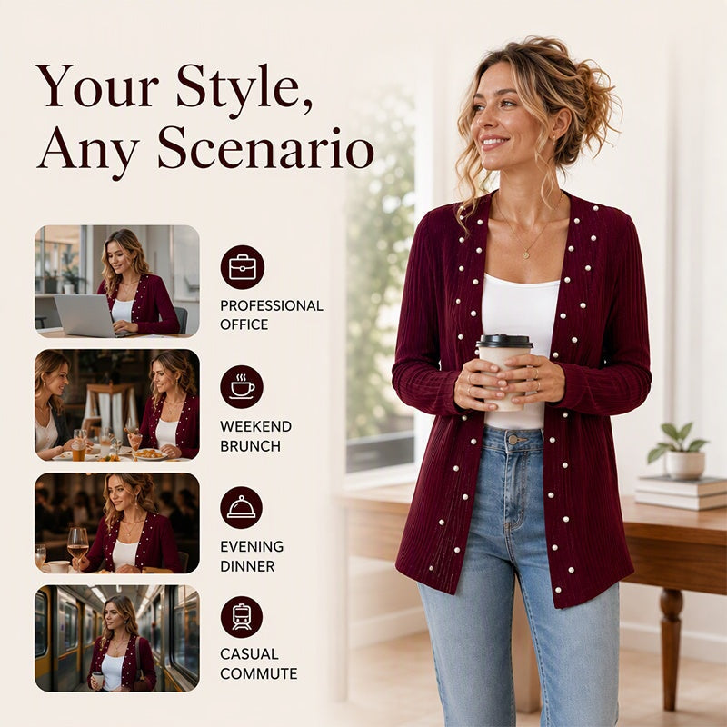☁️Cozy Knit, Versatile Cardigan🧶 Women's Pearl Beaded Knit Cardigan – Soft & Skin-Friendly, Open-Front Design ✨