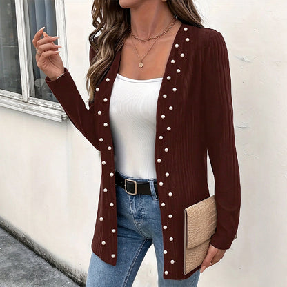 ☁️Cozy Knit, Versatile Cardigan🧶 Women's Pearl Beaded Knit Cardigan – Soft & Skin-Friendly, Open-Front Design ✨