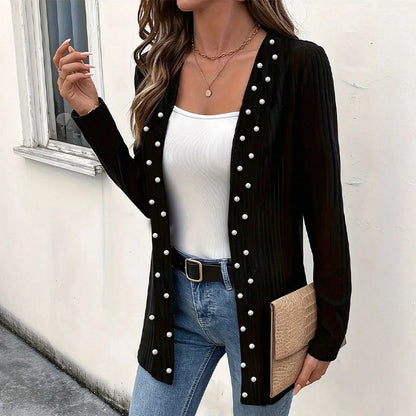 ☁️Cozy Knit, Versatile Cardigan🧶 Women's Pearl Beaded Knit Cardigan – Soft & Skin-Friendly, Open-Front Design ✨