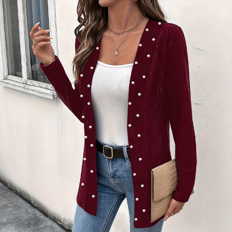 ☁️Cozy Knit, Versatile Cardigan🧶 Women's Pearl Beaded Knit Cardigan – Soft & Skin-Friendly, Open-Front Design ✨
