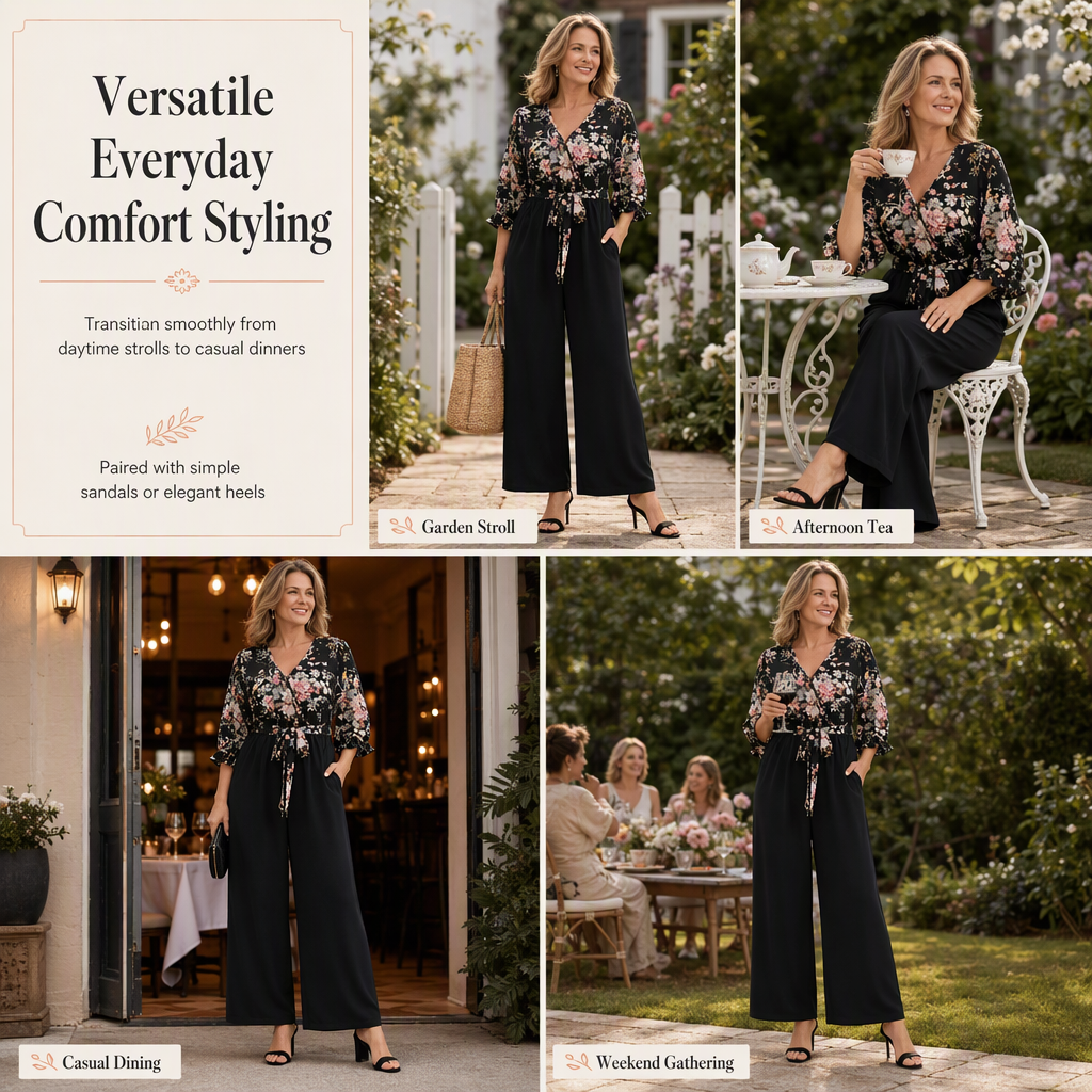 🌸Elegant Floral, Waist-Defining👗 Women's Floral Wrap Jumpsuit – Belted & Wide-Leg | Effortlessly Elegant Proportions ✨
