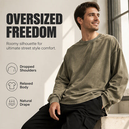 ✨Vintage Wash, Street Distressed👕 Vintage Washed Long Sleeve T-Shirt – Weathered Aesthetic, Unique Statement ✨