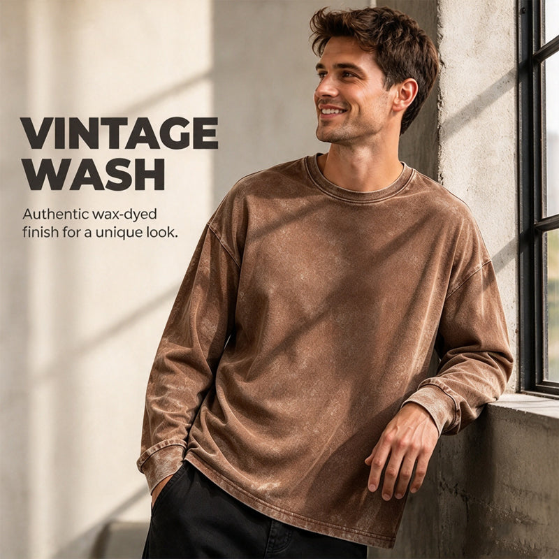 ✨Vintage Wash, Street Distressed👕 Vintage Washed Long Sleeve T-Shirt – Weathered Aesthetic, Unique Statement ✨