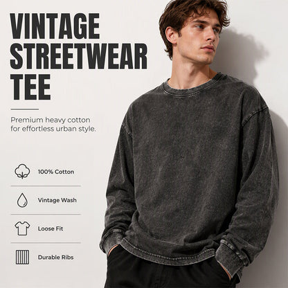 ✨Vintage Wash, Street Distressed👕 Vintage Washed Long Sleeve T-Shirt – Weathered Aesthetic, Unique Statement ✨