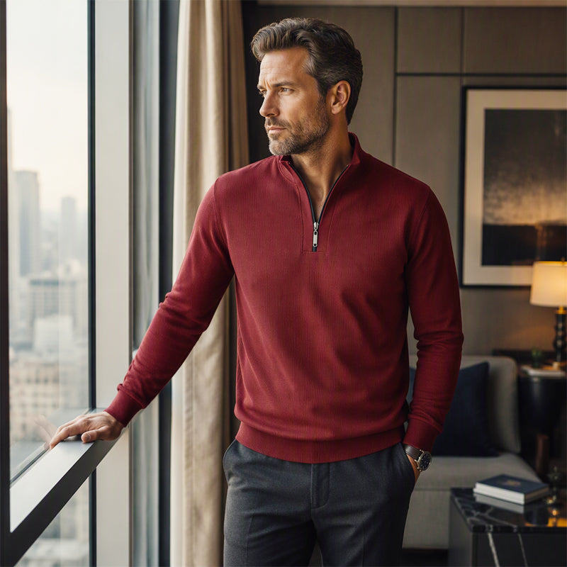 🧶Ribbed Texture, Minimalist Style🧥 Men's Half-Zip Ribbed Sweatshirt – Knit Texture, Soft & Warm ✨