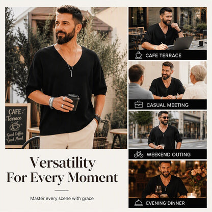 🌬️Breathable Knit, Skin-Friendly Comfort👕 Men's V-Neck Knit T-Shirt – Lightweight & Soft, Cool & Non-Stuffy ✨