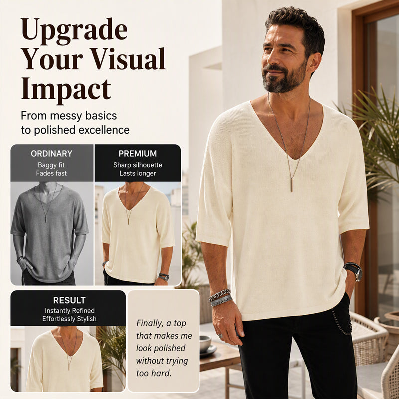 🌬️Breathable Knit, Skin-Friendly Comfort👕 Men's V-Neck Knit T-Shirt – Lightweight & Soft, Cool & Non-Stuffy ✨