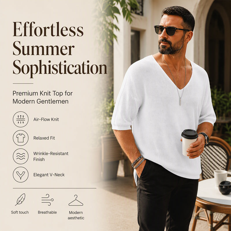 🌬️Breathable Knit, Skin-Friendly Comfort👕 Men's V-Neck Knit T-Shirt – Lightweight & Soft, Cool & Non-Stuffy ✨