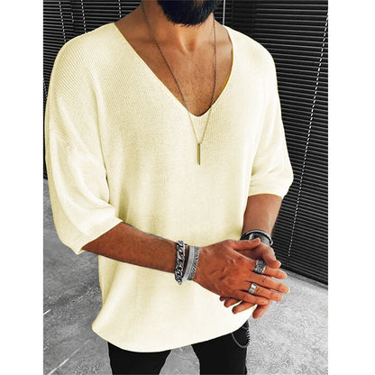 🌬️Breathable Knit, Skin-Friendly Comfort👕 Men's V-Neck Knit T-Shirt – Lightweight & Soft, Cool & Non-Stuffy ✨
