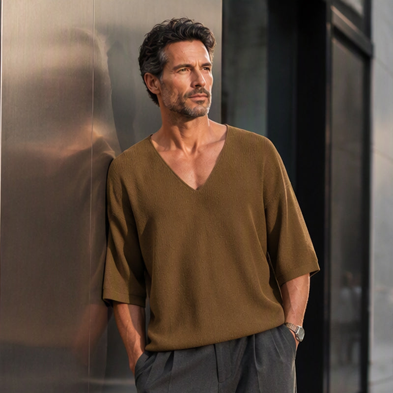 🌬️Breathable Knit, Skin-Friendly Comfort👕 Men's V-Neck Knit T-Shirt – Lightweight & Soft, Cool & Non-Stuffy ✨