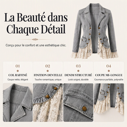 👗Lace Hem, Elegant Tailored Collar🧥 Women's Denim Jacket – Tailored Collar & Lace Hem